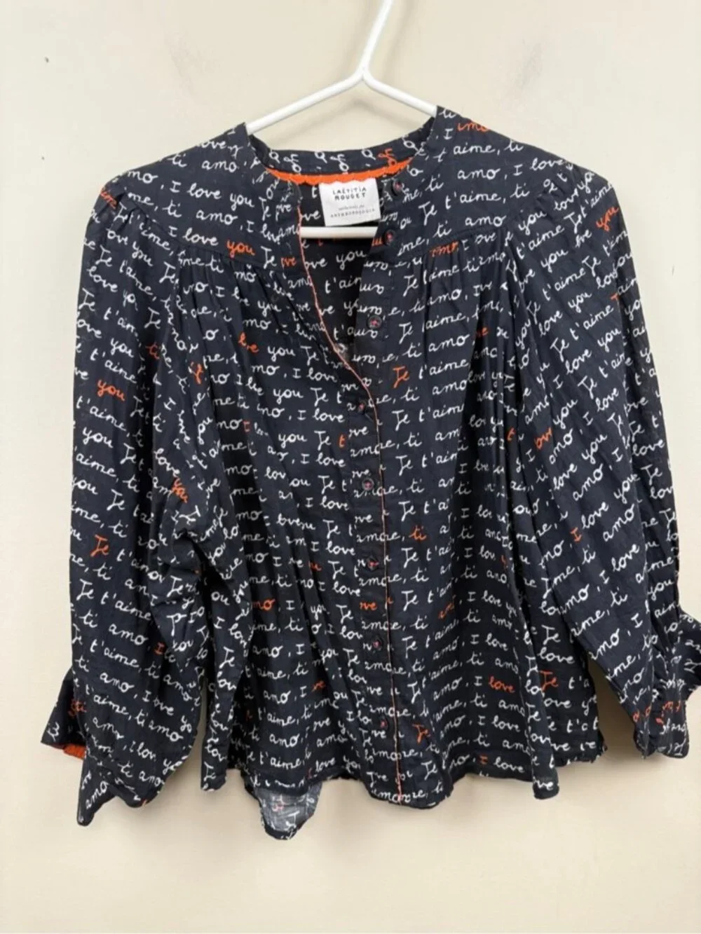 Anthropologie Laetitia Rouget I love you Puff-Sleeved Buttondown blouse small